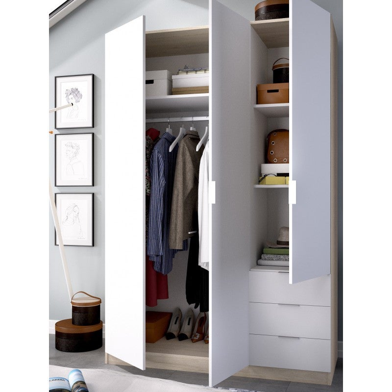 Mobelcenter – Armario Matrimonio 3 Puertas 3 Cajones – Color Blanco Artik y Roble Canadian – Ancho: 121 cm x Fondo: 52 cm x Alto: 180 cm - (0984) - 3