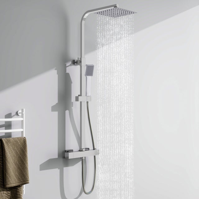 Aica Columna de Ducha Alcachofa Cuadrada con Termostato 20x20cm Rociador Superior Plata Brillante Barra Regulable