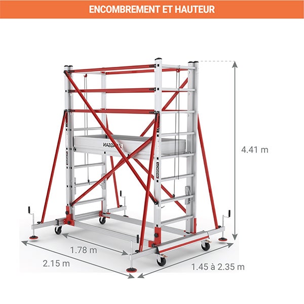 Echafaudage roulant embase télescopique - Hauteur max. de travail 8.05m - 2 plateaux - S008XLN-PR - 3