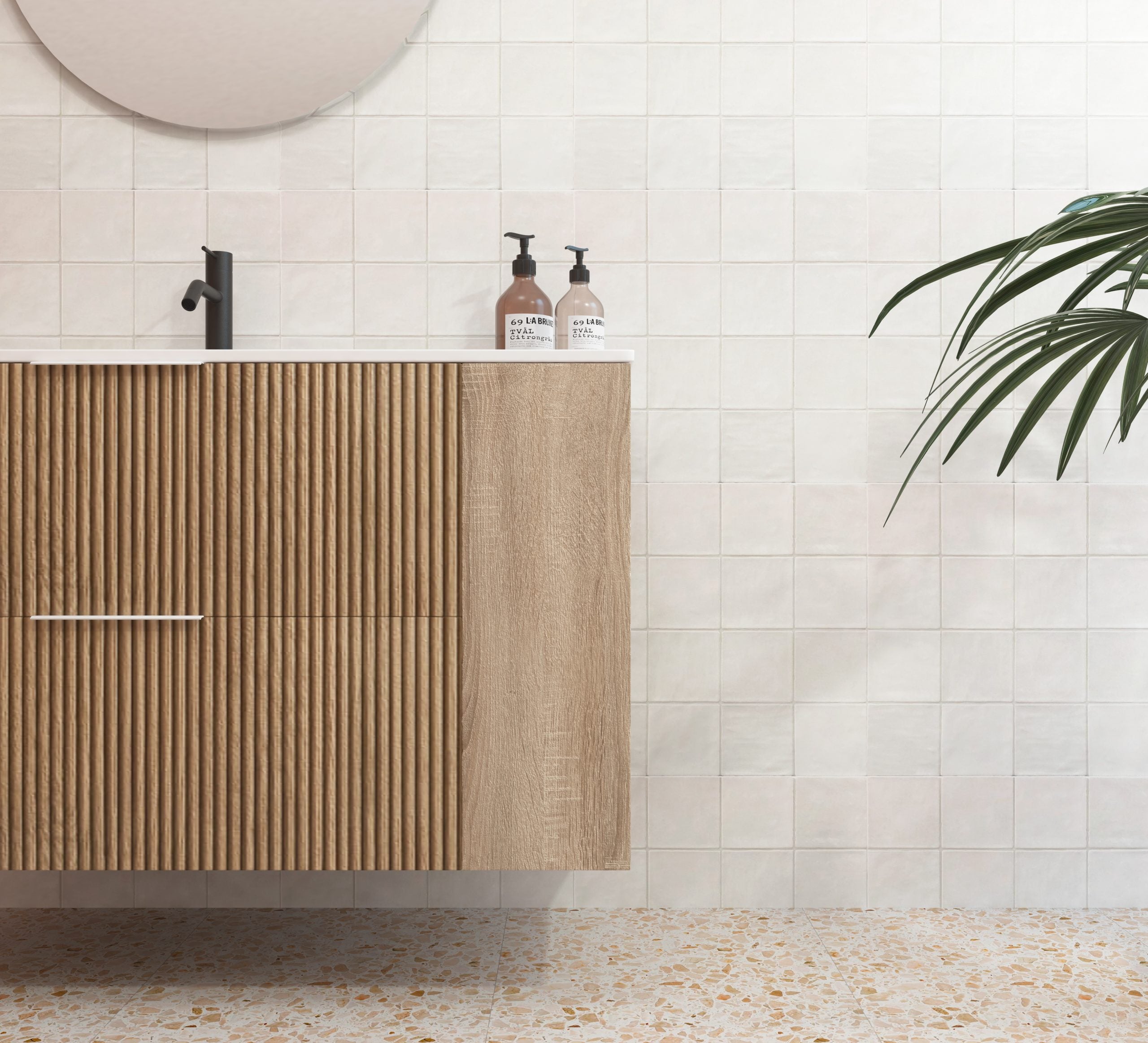 Meuble de salle de bain Mapau Pack avec lavabo et miroir circulaire BRIDAN deux tiroirs chêne Bardolino 100cm - 2