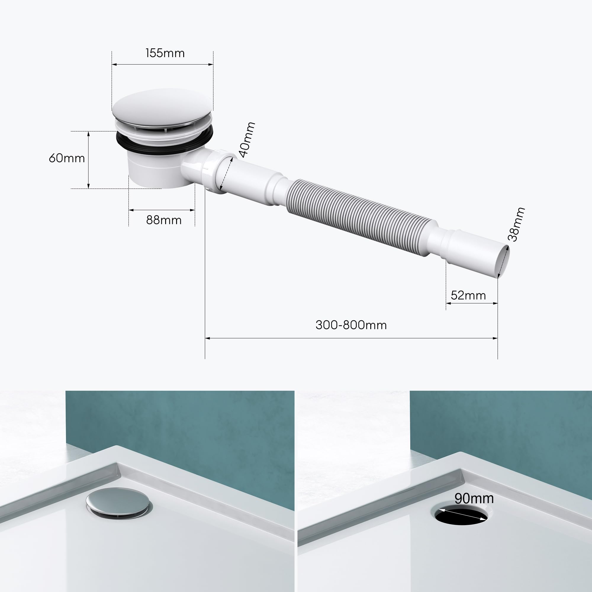 Mai & Mai bonde de douche siphon pour receveur de douche 90mm standard bonde de bac à douche avec flexible A01 - 7