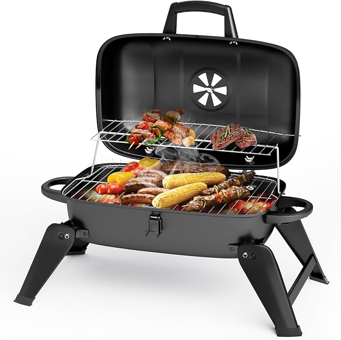 Barbecue à charbon portable avec couvercle, barbecue fumeur pliable — free download