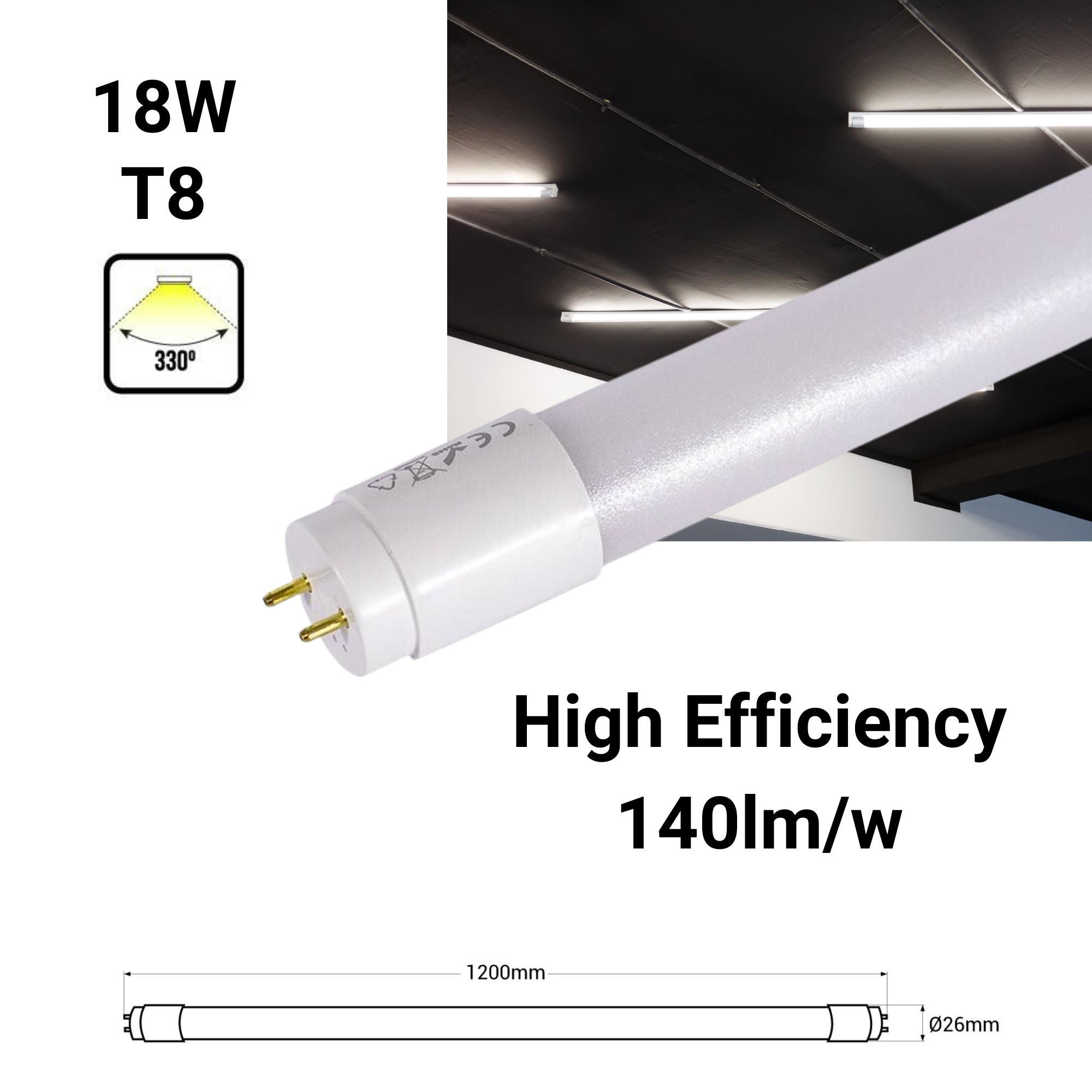 Tubo LED 120cm T8 - 18W - 140lm/W - Blanco Frío - 2
