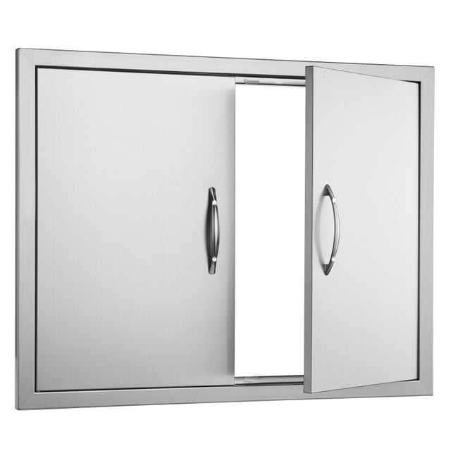 SucceBuy Porta de acesso dupla para churrasco 787 x 609 mm, porta de parede dupla embutida em aço inoxidável com puxadores, porta de cozinha exterior