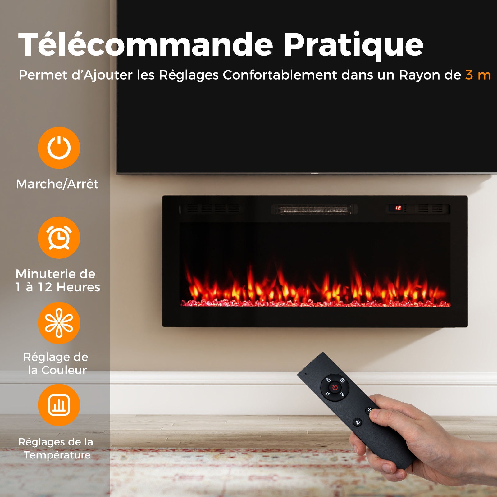 Cheminée Électrique Encastrable/Mural 106,5 CM, Cheminée Chauffage 750W/1500W avec Alexa et Google Assistant, 12 Couleurs & 5 Luminosités, Minuterie - 3