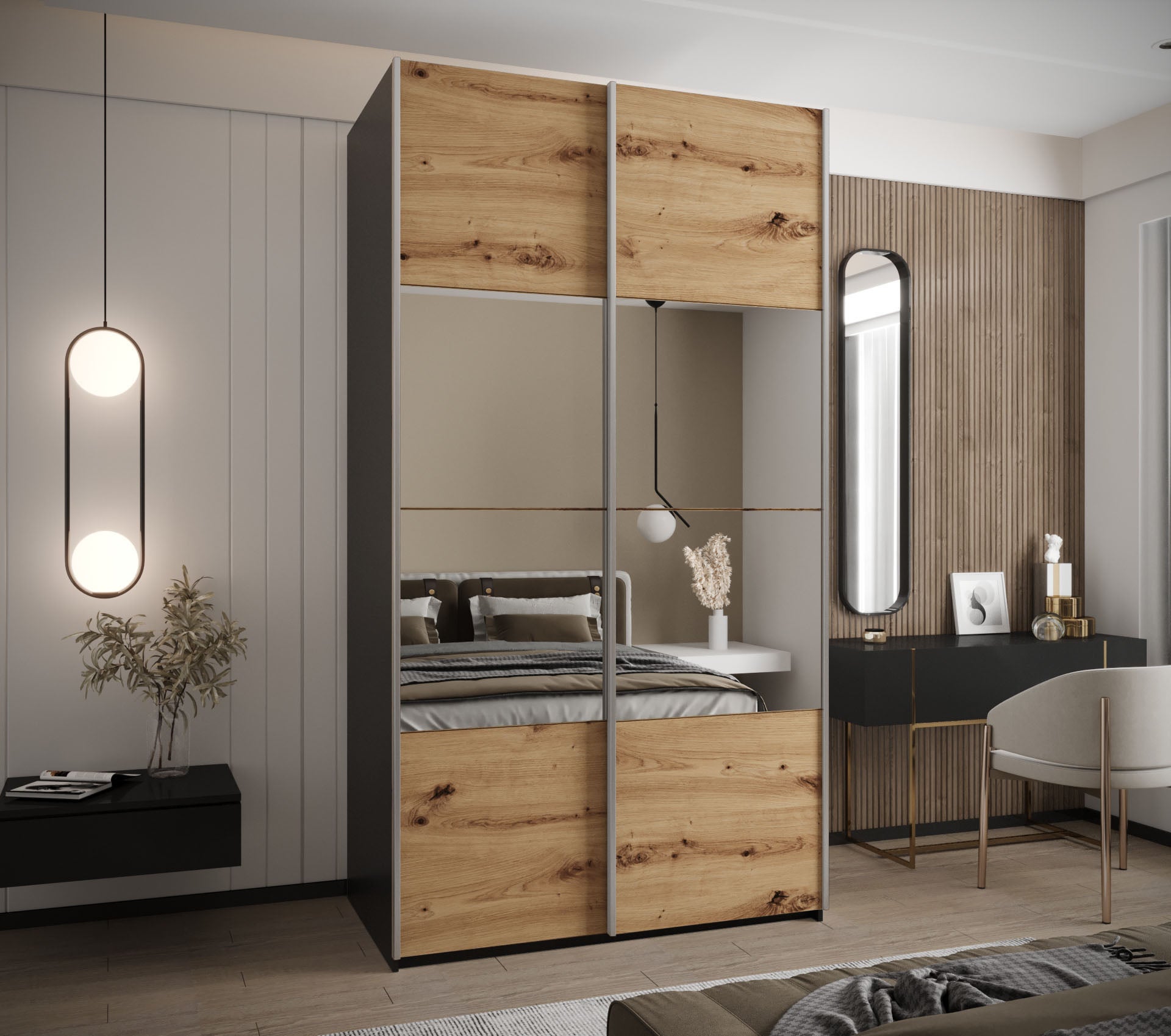 Szafa przesuwna wysoka Lux 4 130 x 64 x 245,5 cm czarny + artisan + u. srebrny - Abiks Meble - 2