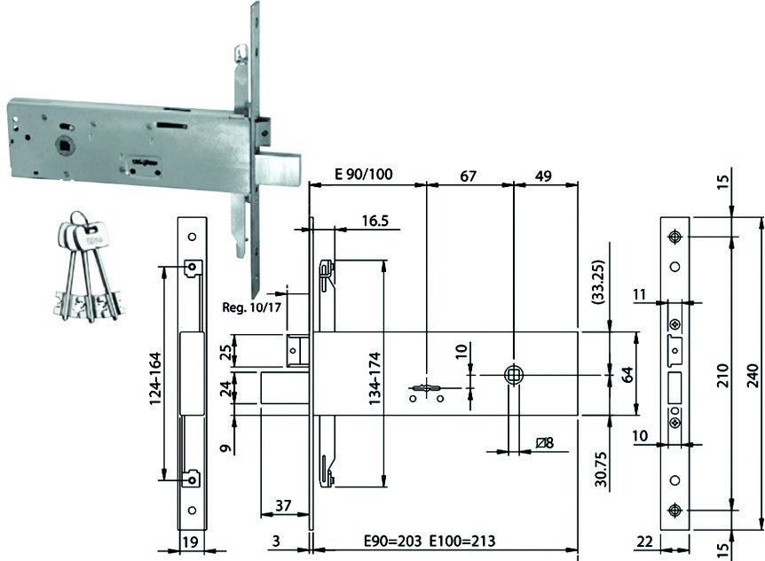 Serrure Métal OMEC 5950 – À Enfiler, Inox, F. MM 25 DM M4 + Scr H. 57 E. 90, Neuve