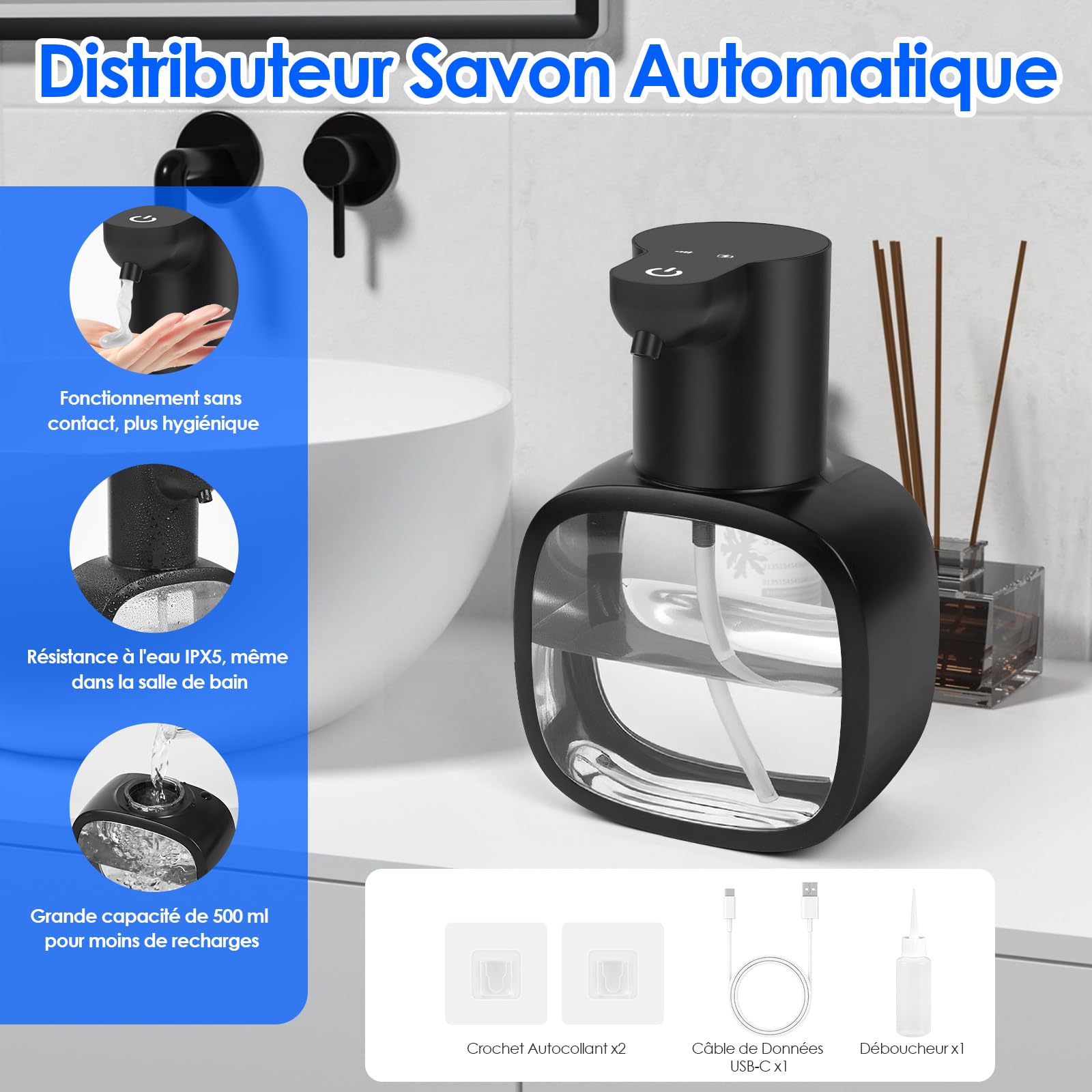 Dispenser di sapone automatico automatico da 300 ml con sensore, dispenser automatico di sapone con ricarica USB, per bagno, cucina, toilette, bianco crema