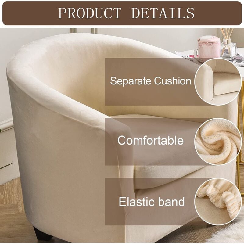 Velours Housse de Fauteuil Club Cabriolet Ensemble de 2 Pièces avec Housse de Coussin, Housse pour Fauteuil Salon Crapaud Extensible Tub Chair, BEIGE - 3