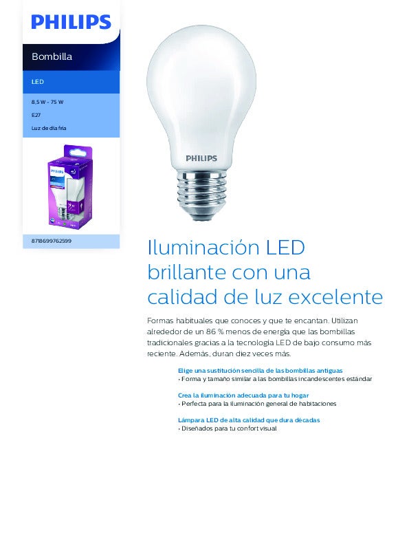 Ampoule LED standard PHILIPS - EyeComfort - 8,5W - 1055 lumens - 6500K - E27 - 93002 - 10