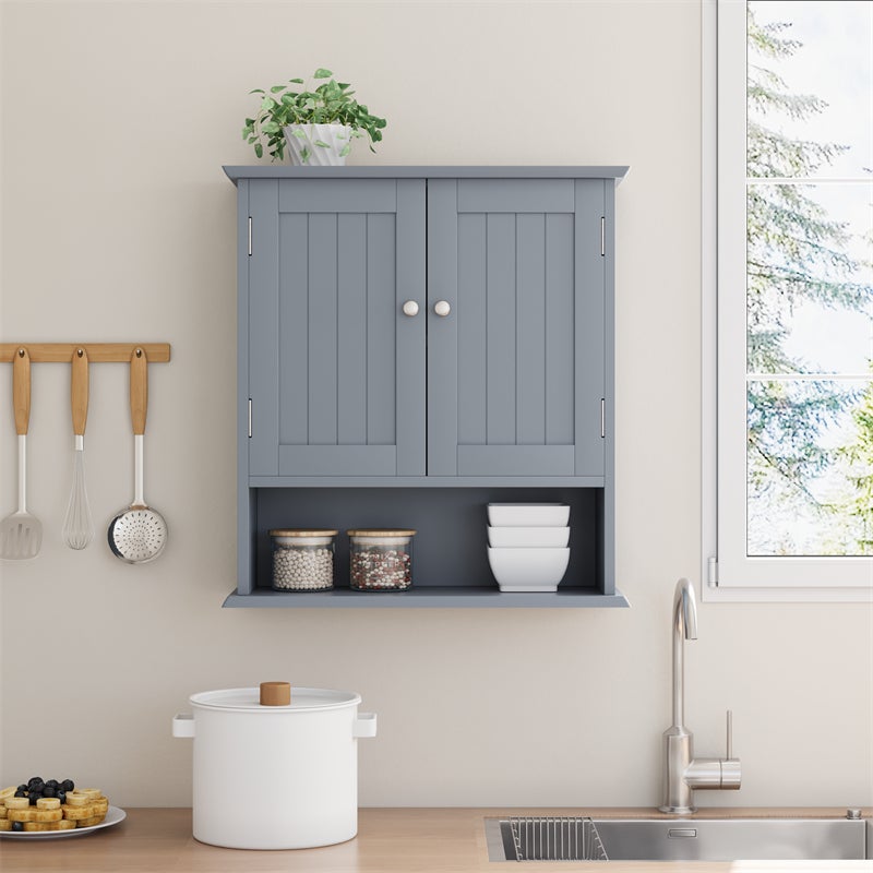 Buffet médico mural en madera gris claro con estantes ajustables – armario de baño moderno, práctico y espacioso para organizar como toallas