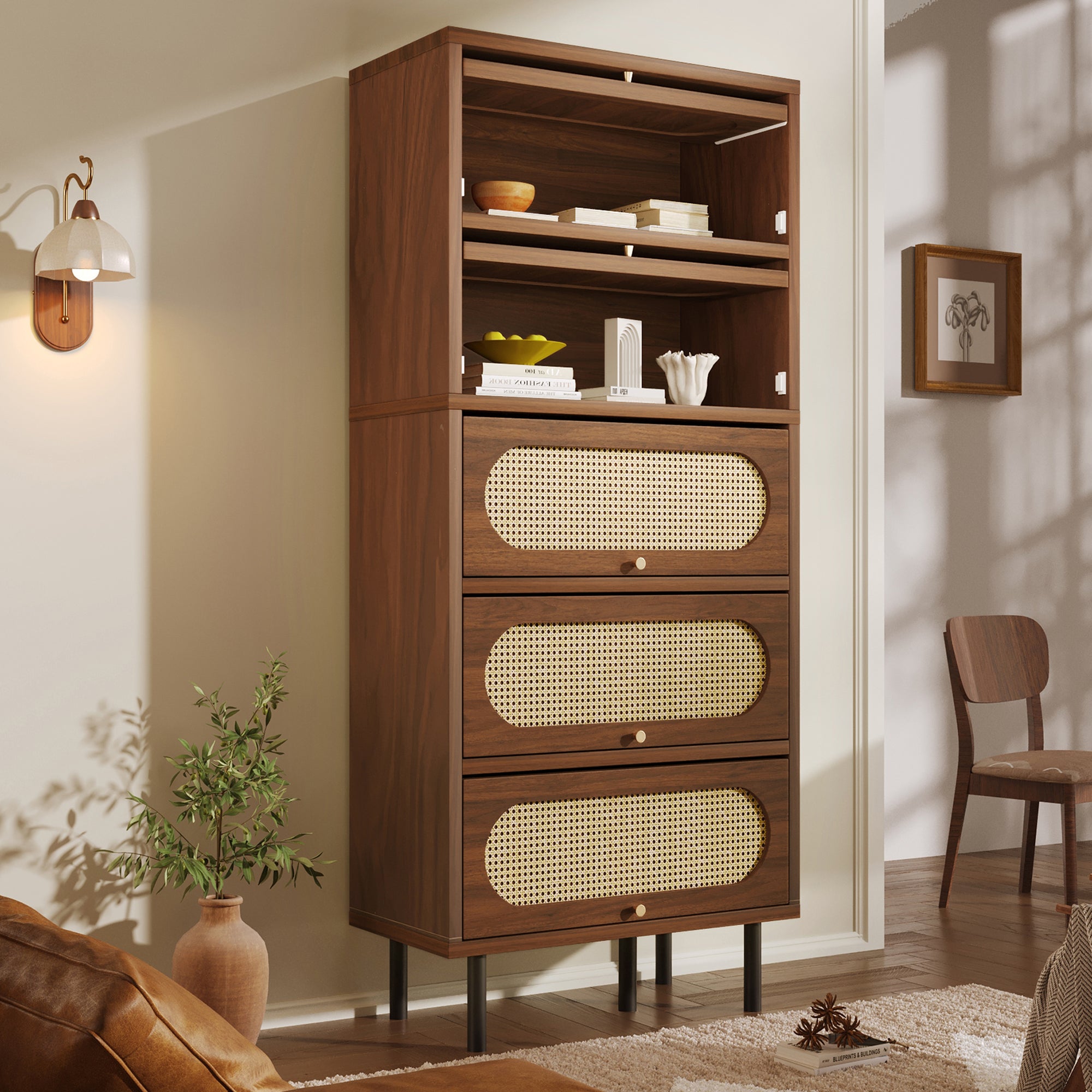 Nuc și rattan 80x40x163 cm, dulap înalt 5 sertare, dulap de metal din lemn, spațiu mare de depozitare, dulap bucătărie hol living