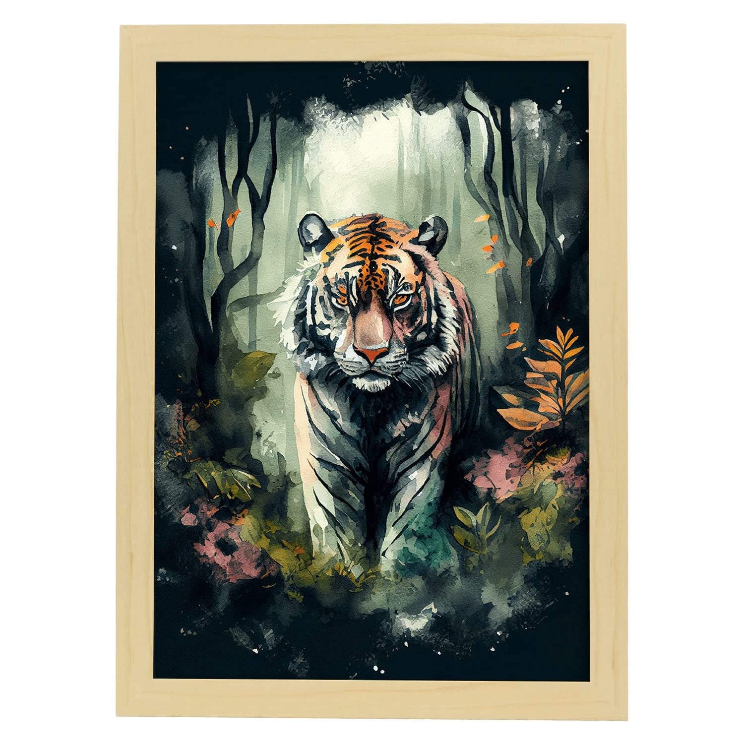 Nacnic poster de tigre en estilo acuarela ilustraciones a todo color de animales salvajes en la naturaleza y modelo 3 a3 con marco de madera clara