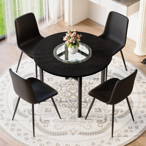 Conjunto de mesa redonda moderna negra 100 cm con 4 sillones pu negros, asiento ancho y cómodo
