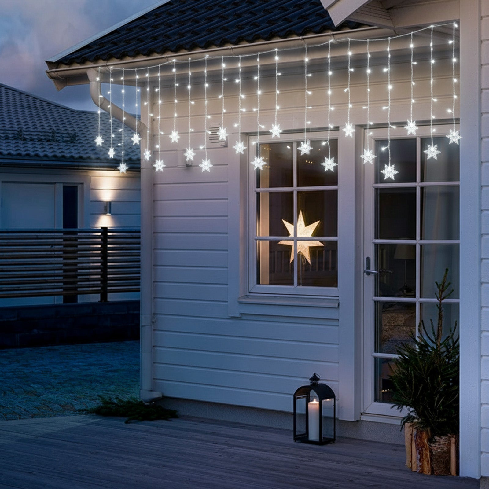 Guirmalda LED Copos de Nieve 8 Modos Impermeable con Temporizador, Decoración Navideña en Ventanas, Bodas y Jardines(Blanco, Dos piezas) - 4