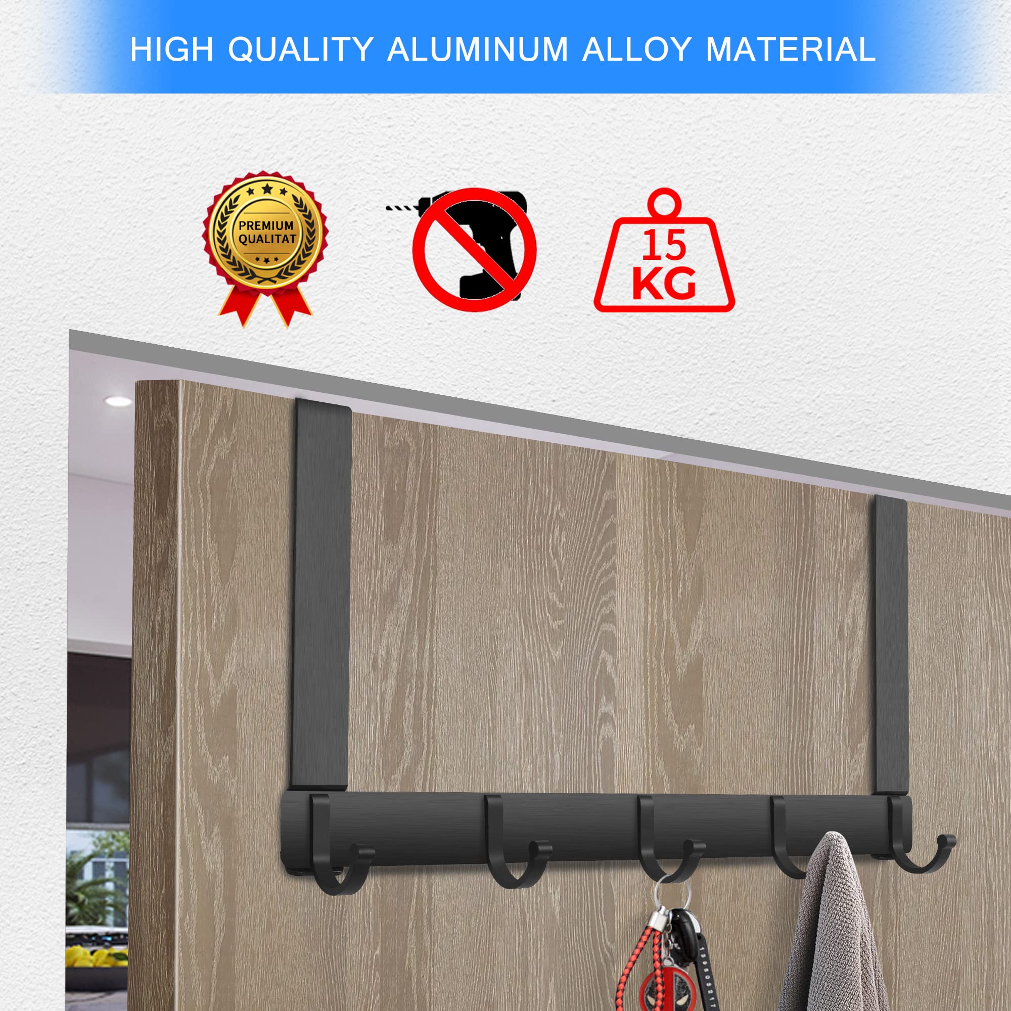 Crochet de Porte 5 Pattes Alliage Aluminium - Porte jusqu'à 45mm - Support Serviette Salle de Bain Sans Percage - 2