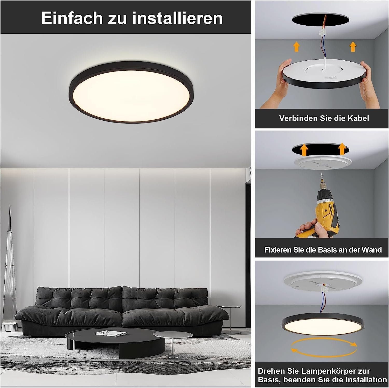 NETTLIFE Lámpara de Techo LED Regulable 30cm Lámpara de Baño 20W Baño Redondo Negro Plano con Control Remoto IP44 Impermeable para Dormitorio Baño - 6