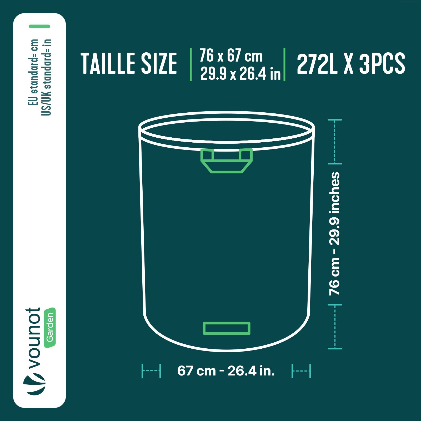 Lot de 3 Sac à déchets de jardin 272L - 50kg max - 3 poignées renforcées - réutilisables et résistants - VOUNOT® - 3