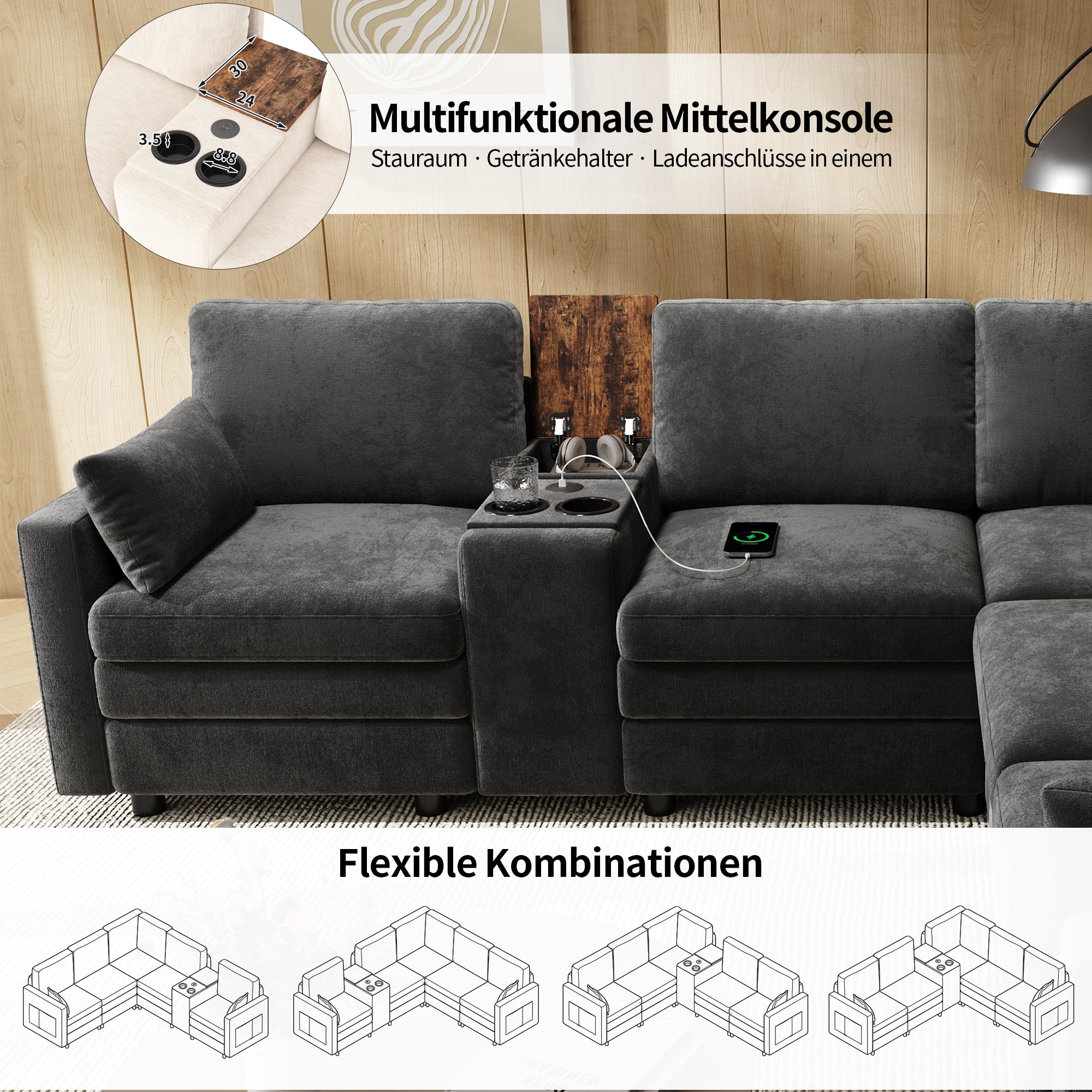 Canapé d'angle 5 places, avec console, ports USB et porte-gobelets, espace de rangement, canapé modulaire en forme L, Canapé nuage avec console, gris - 5