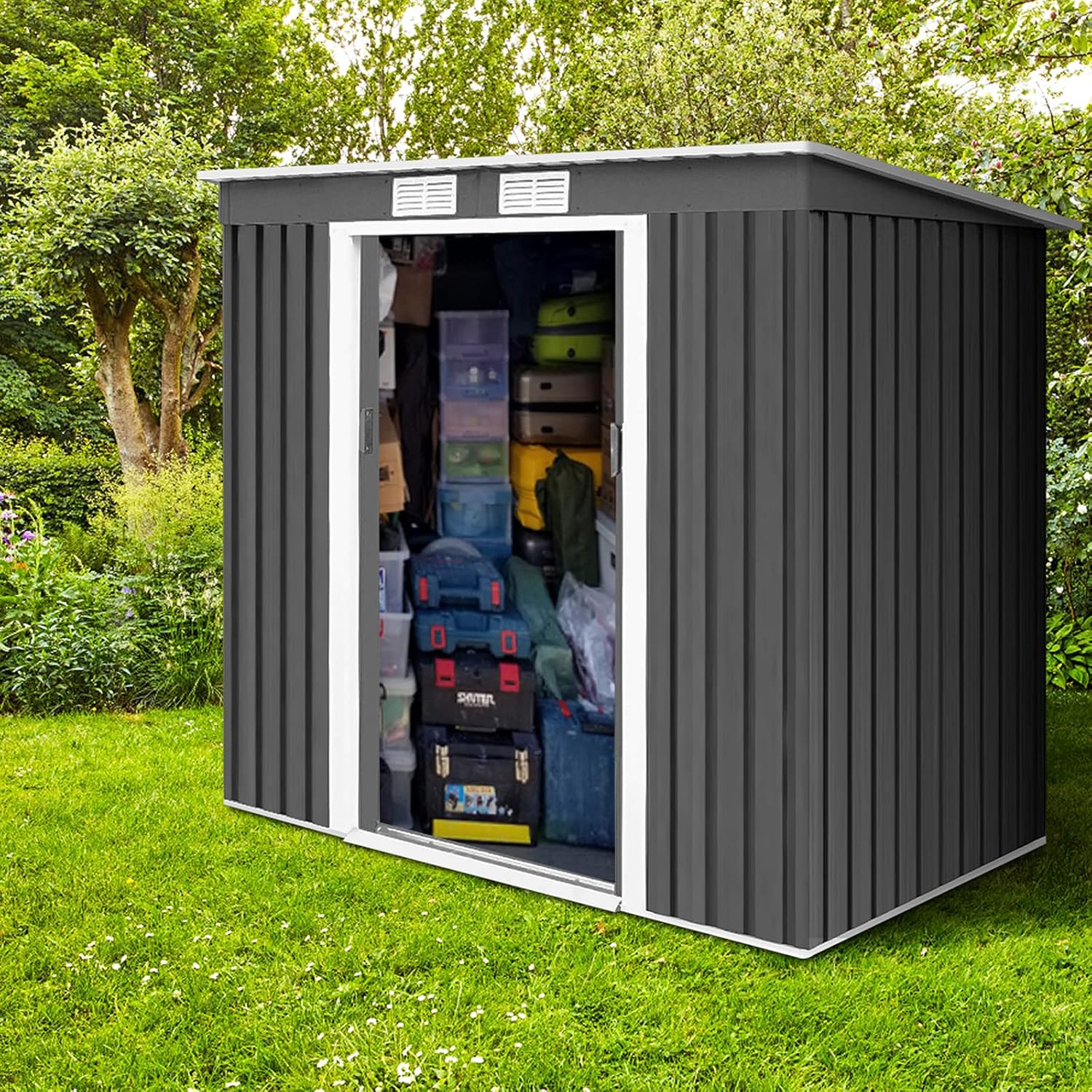 Abri de Jardin Métal Galvanisé 2,37㎡ avec Base-213x130x173CM-2 Portes Coulissantes et 2 Fenêtres, Cabane de Jardin 4,1m³, Rangement à Outils, Gris - 8
