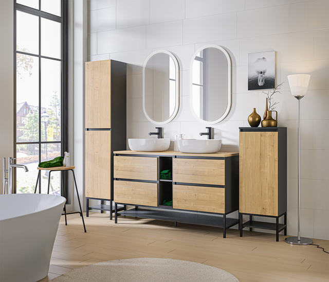 Meuble sous lavabo de salle de bain - Chêne hamiltion et gris diamant - L60-H57-P46 - Marseilla