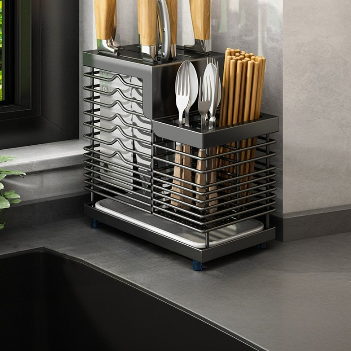 Uchwyt na noże ze stali nierdzewnej 304, blat kuchenny, uchwyt na noże i pałeczki, czarny, 24*12,7*22,8 cm