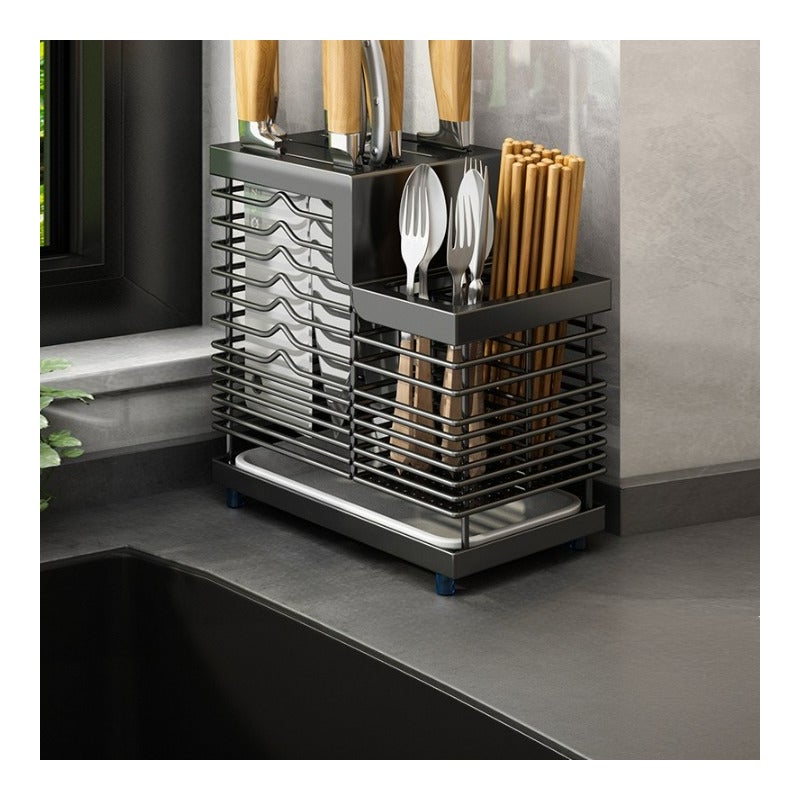 Uchwyt na noże ze stali nierdzewnej 304, blat kuchenny, uchwyt na noże i pałeczki, czarny, 24*12,7*22,8 cm