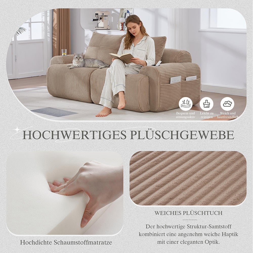 Canapé 2 places 200 cm - Canapé modulable avec accoudoirs - Porte-gobelets - Sans montage - Tissu velours côtelé - Kaki - 5