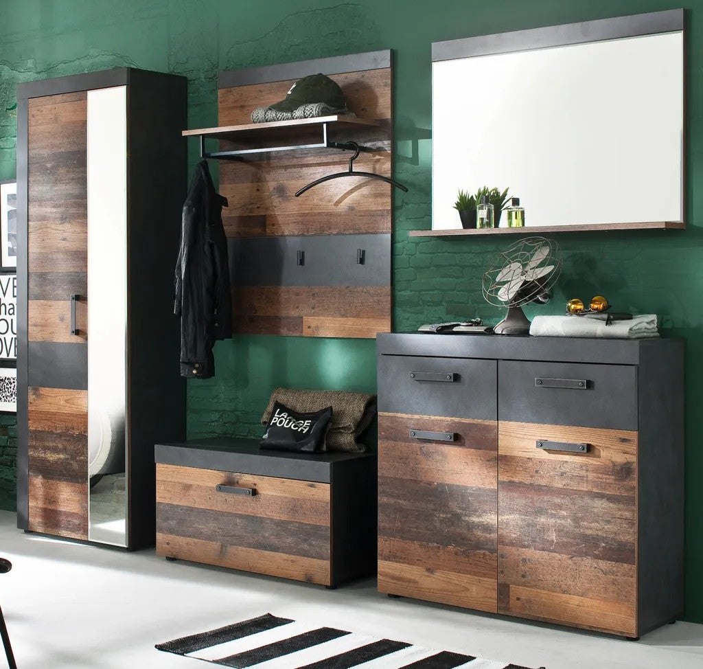 INDY - Meuble chambre. Banc de rangement en mélaminé coloris bois effet vieilli avec finition gris ciment . L - H - P : 80 - 45 - 37 cm. - 6