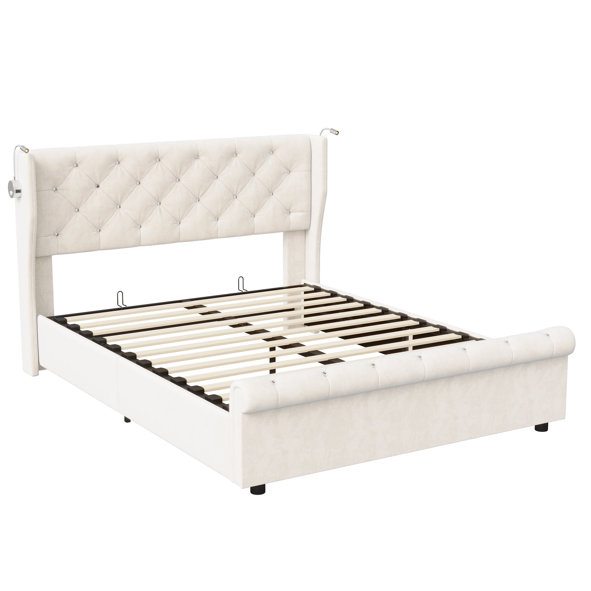 Lit coffre 140x190 velours beige, tête de lit avec LED et port USB, sommier à lattes inclus, rangement hydraulique à vérins, chambre adulte - 8