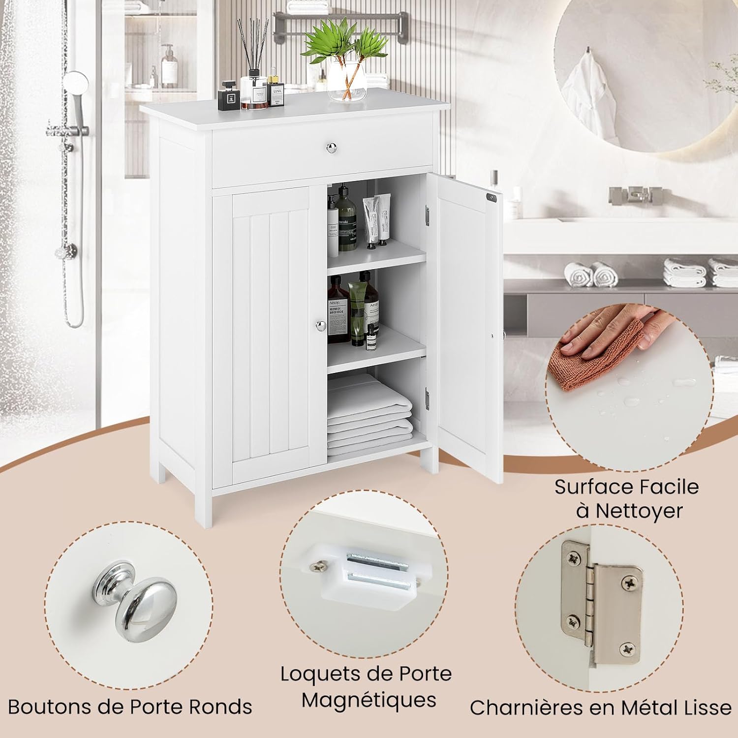 Meuble Salle de Bain 60 x 30 x 80 CM, Armoire de Rangement avec 1 Tiroir, 2 Portes, Étagère Réglable, avec Dispositif Anti-Basculement, Blanc - 8