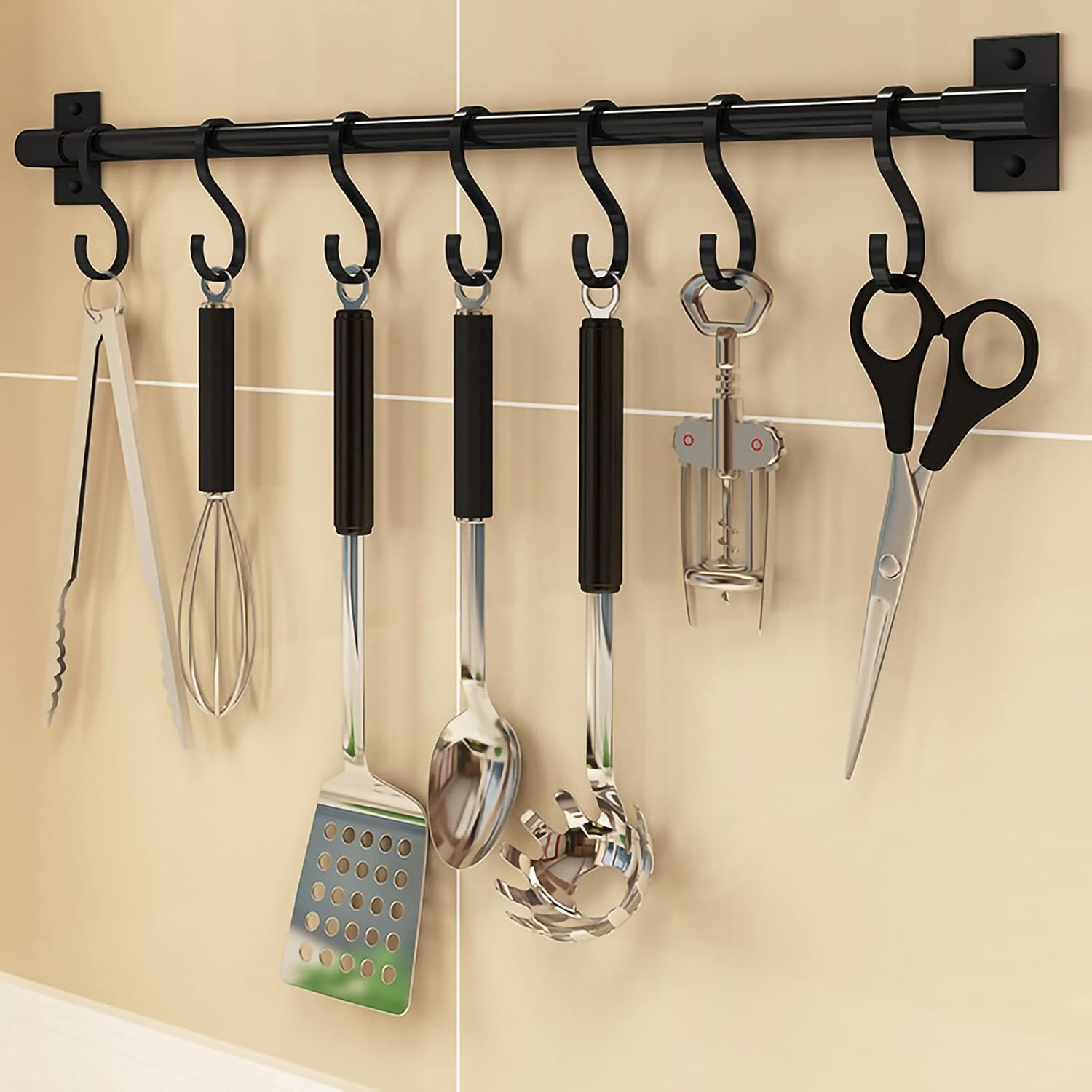 Gancho de cocina curvo para montar en la pared, sin perforaciones, negro, baño, cocina, estante de almacenamiento, accesorios no incluidos (6x50cm) - 4