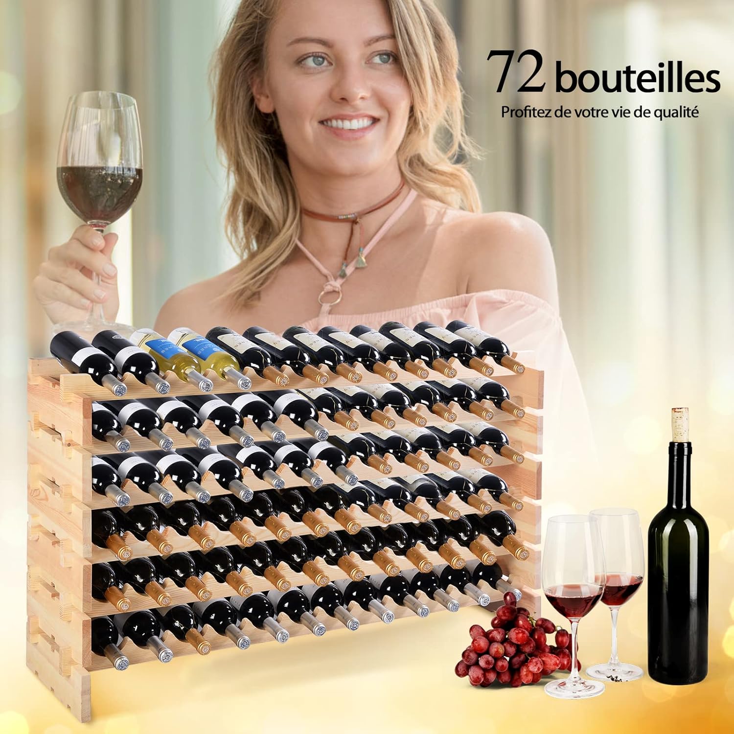 72 Bouteilles Étagère à Vin/Porte-Bouteilles 6 Étagères 119 x 29 x 71,5 CM,Range Bouteille en Bois de Pin Massif Caves à Vin pour Cuisine - 2