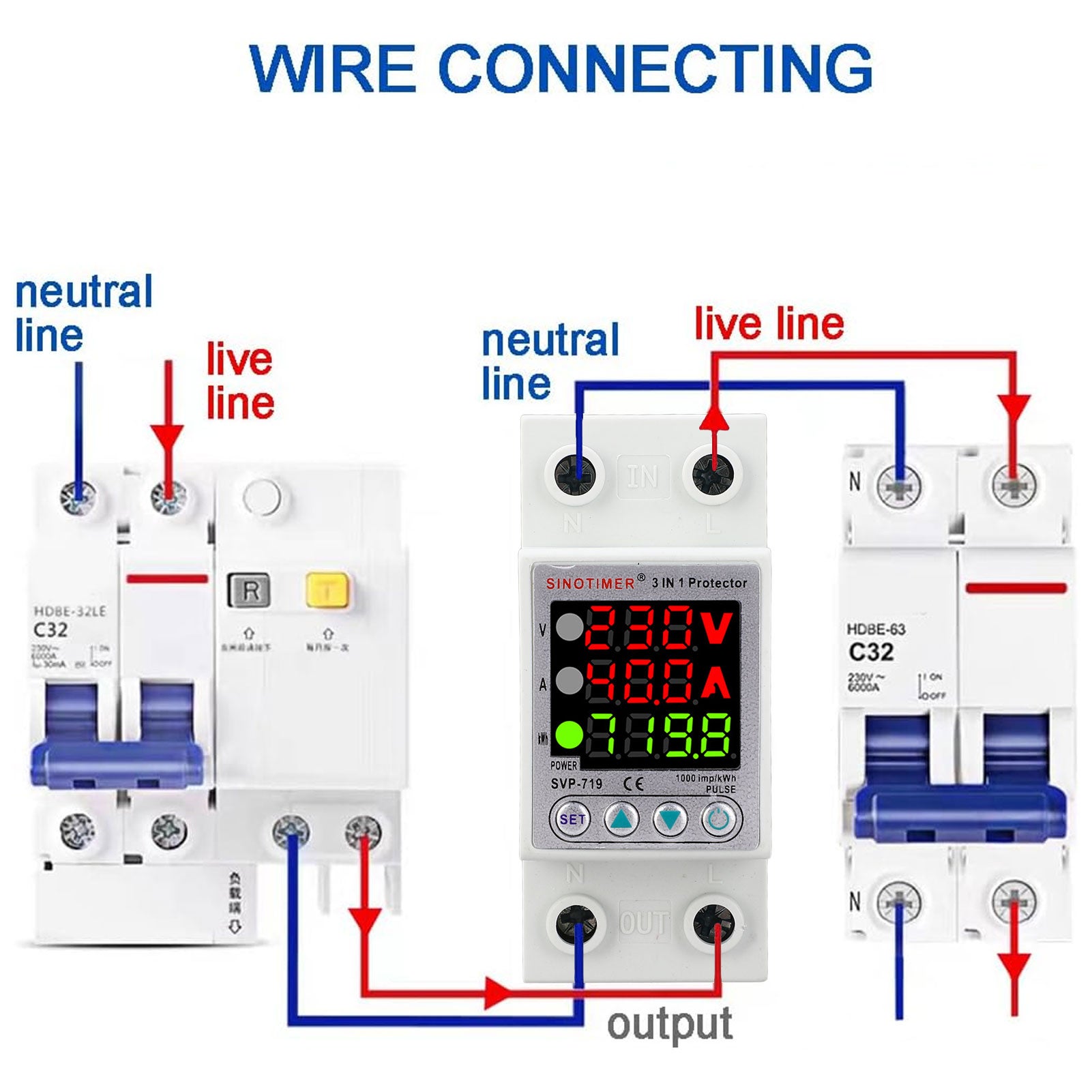 Relais de tension 230V 40A DIN avec écran LCD, protection surtension et sous-tension, limiteur de courant, réarmement automatique SVP-719 - 6