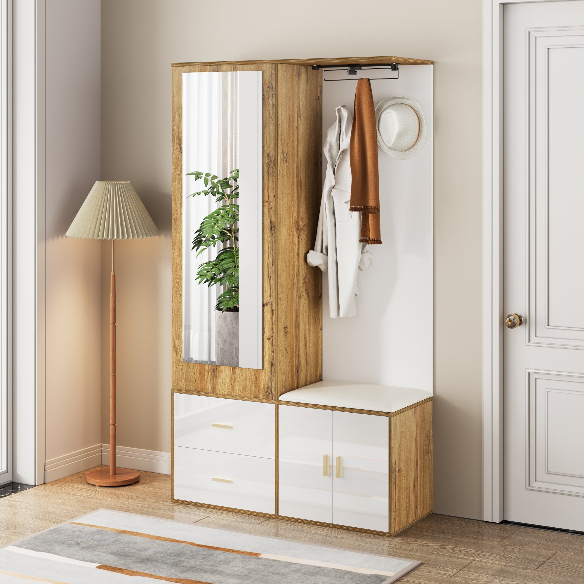 Armoir 100x38x108.1cm - Avec miroir - Avec meuble à chaussures - Avec crochets et cintres rétractables - Blanc + Naturel - 2