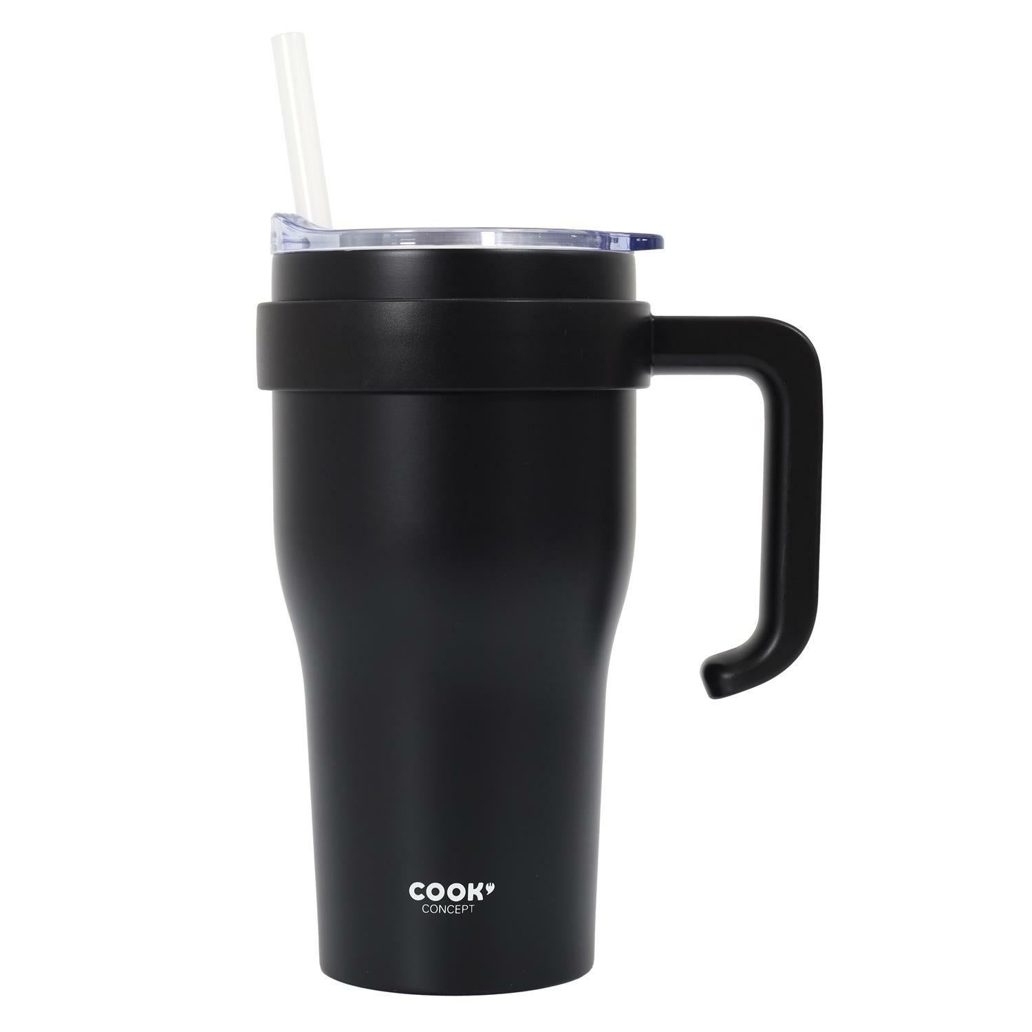 KUBEK TERMICZNY Miami 600 ml czarny z uchwytem i słomką