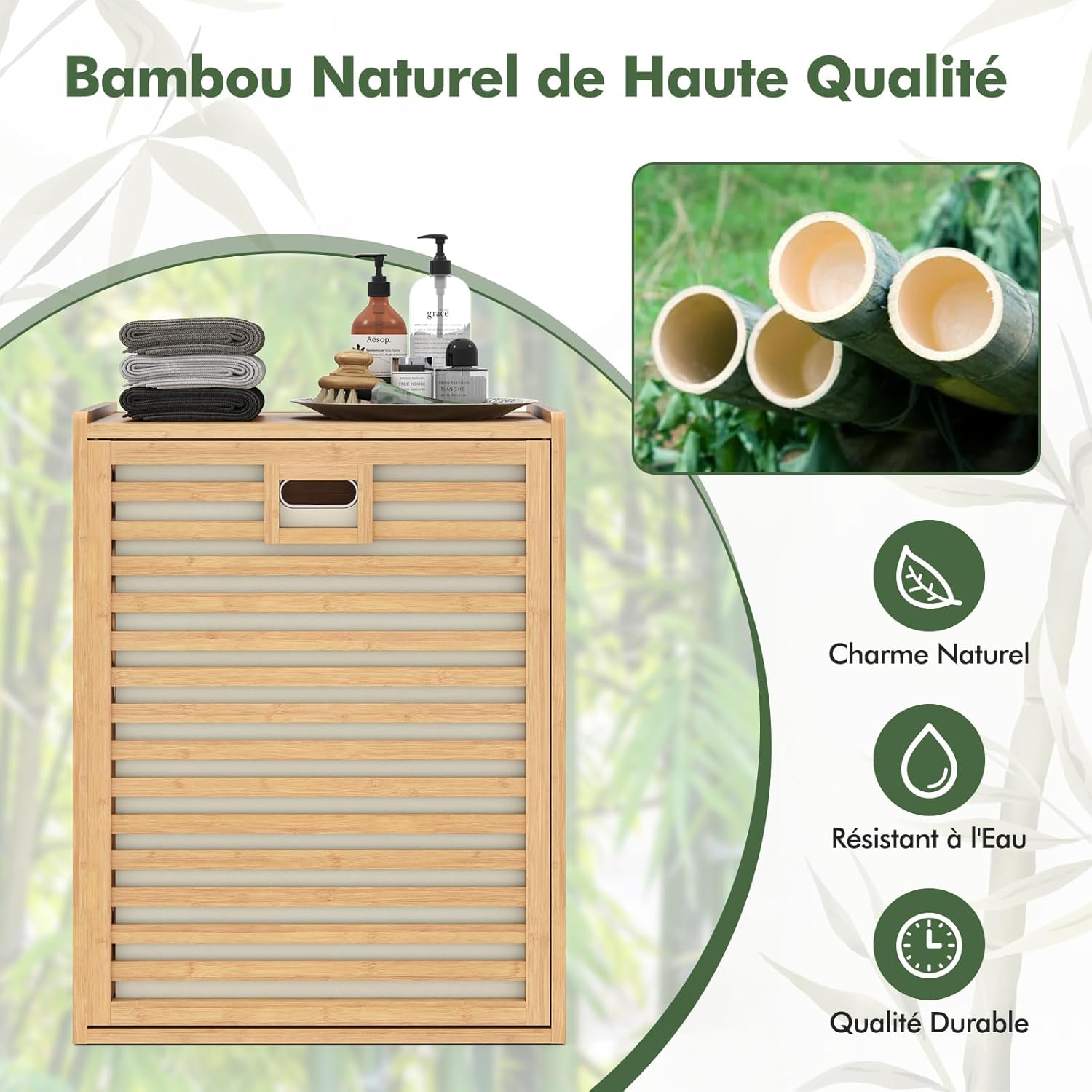 Panier à Linge en Bambou, 2 Compartiment, Meuble Linge Placard 68 L, Panier à Linge Amovible, Sac à Doublure Amovible, Meuble Linge Sale - 5