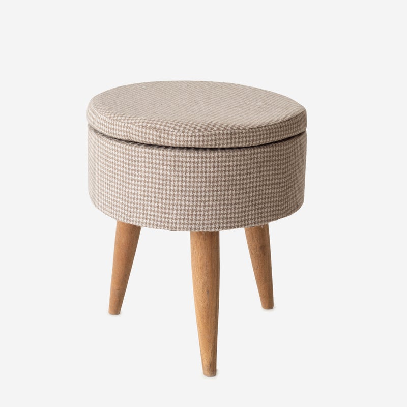 Beżowy taboret w pepitkę z drewnianymi nogami Ø38X43CM