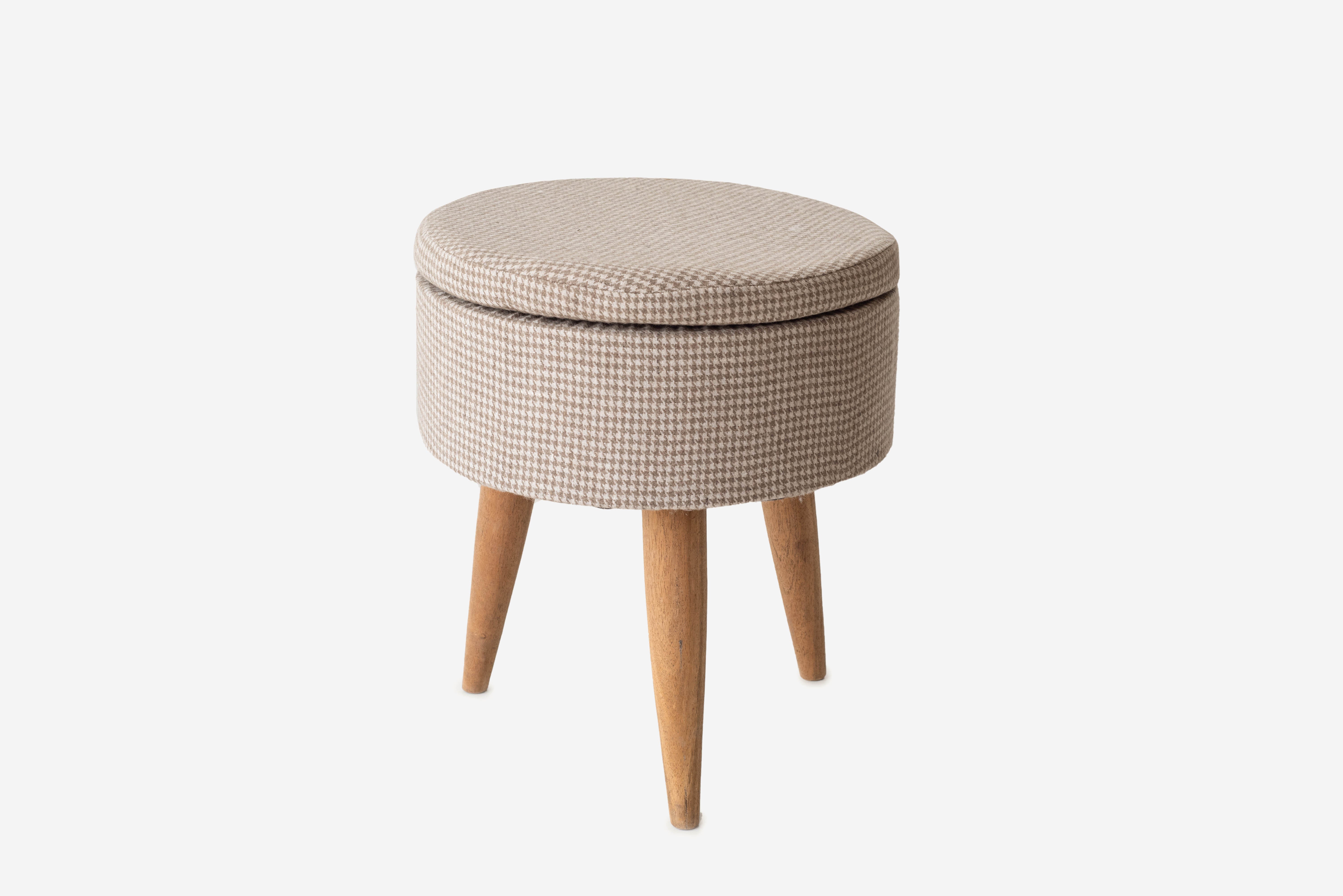 Beżowy taboret w pepitkę z drewnianymi nogami Ø38X43CM