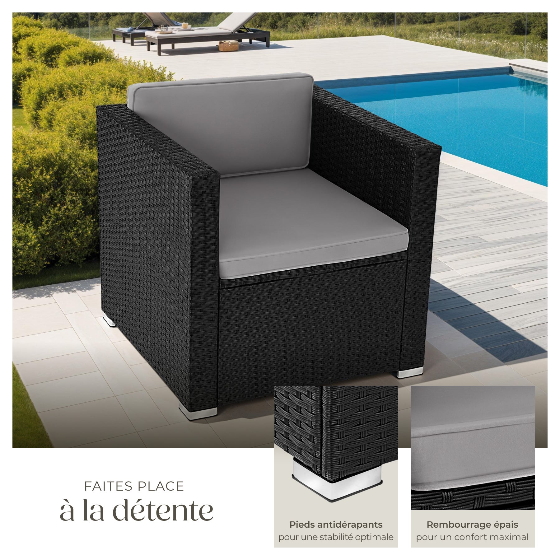Fauteuil rotin en polyéthylène et acier résistant aux UVs avec coussins d'assise et dossier 70 x 69 x 65 cm TECTAKE - 4