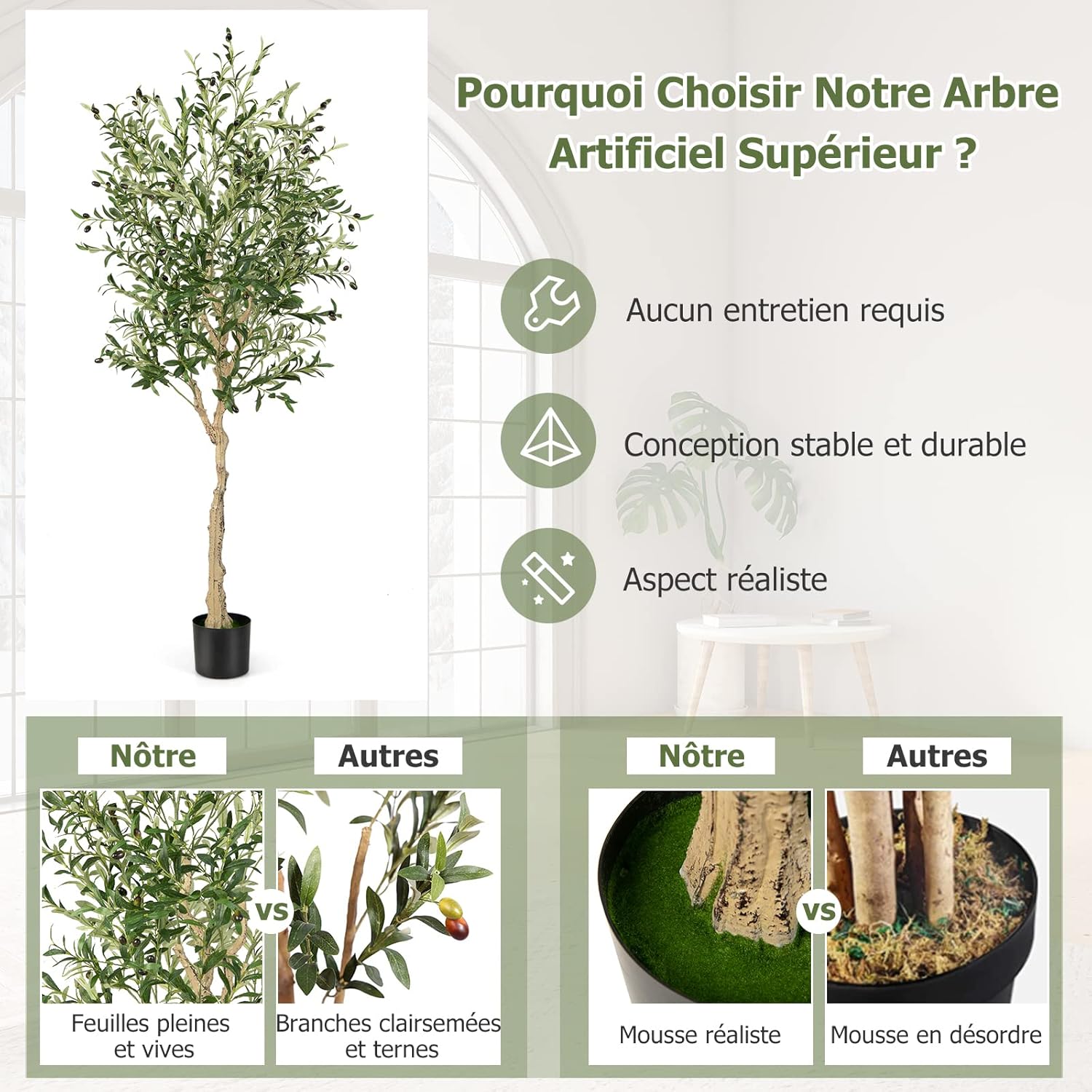 Lot de 1 Plante Artificielle en Pot Hauteur 185CM, Olivier Artificiel 1296 Feuilles en Soie 72 Fruits avec Base de Ciment Décoration - 4