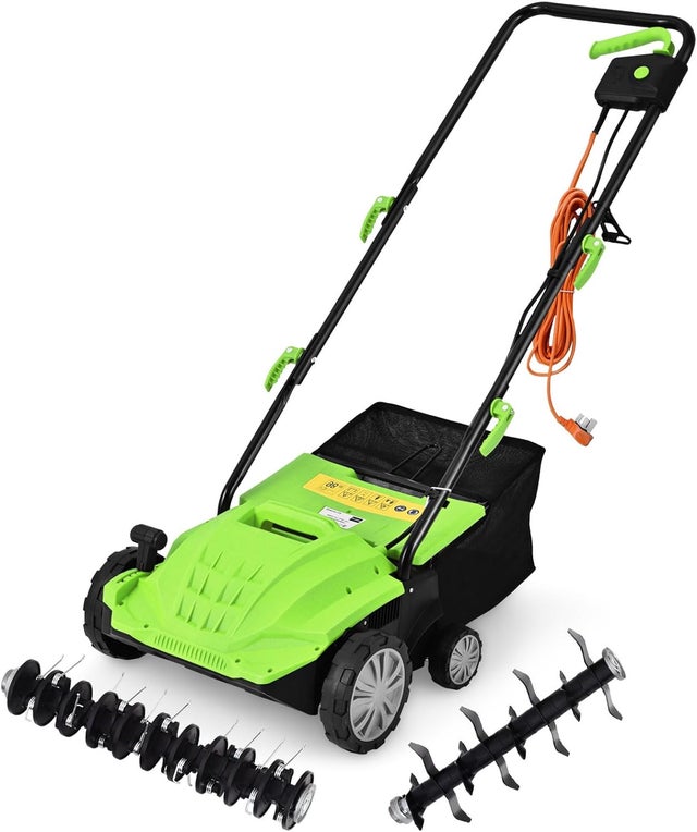 Elektryczny Wertykulator 2 w 1, Worek Zbiorczy o Pojemności 30 l, Aerator do Trawników, 4-stopniowa Regulacja Wysokości, Składany Uchwyt, Zielony