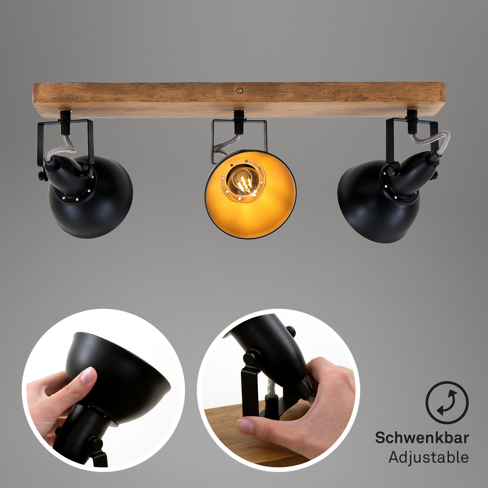 Plafonnier Spot BRILONER LEUCHTEN BARNIM, 25 W, IP20, noir, métal-bois, excl. 3x E14, 50 x 11 x 15,7 cm - 2