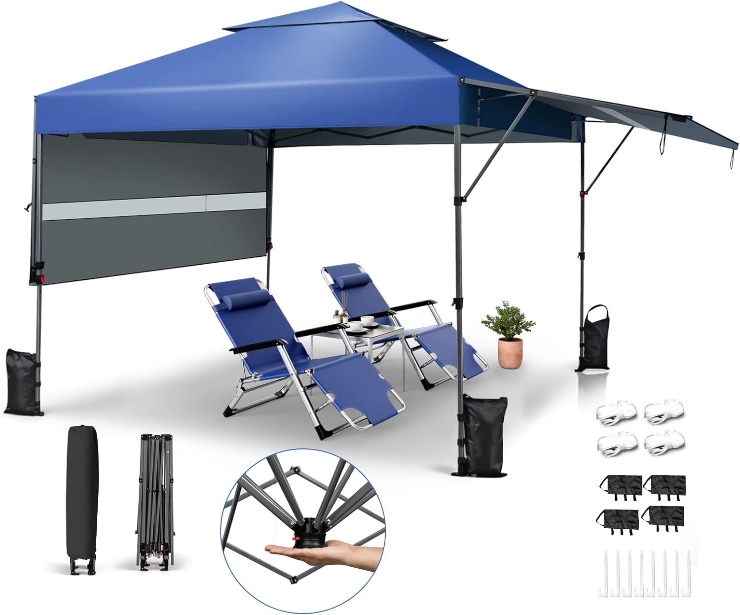 Altana Ogrodowa 3x3 m z Rozszerzoną Markizą, Składana Altana Ogrodowa z 4 Słupkami, Namiot Ogrodowy o Regulowanej Wysokości Wnętrza (Niebieski)