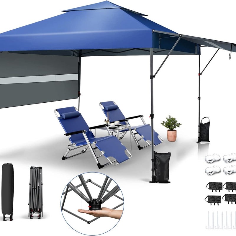 Altana Ogrodowa 3x3 m z Rozszerzoną Markizą, Składana Altana Ogrodowa z 4 Słupkami, Namiot Ogrodowy o Regulowanej Wysokości Wnętrza (Niebieski)