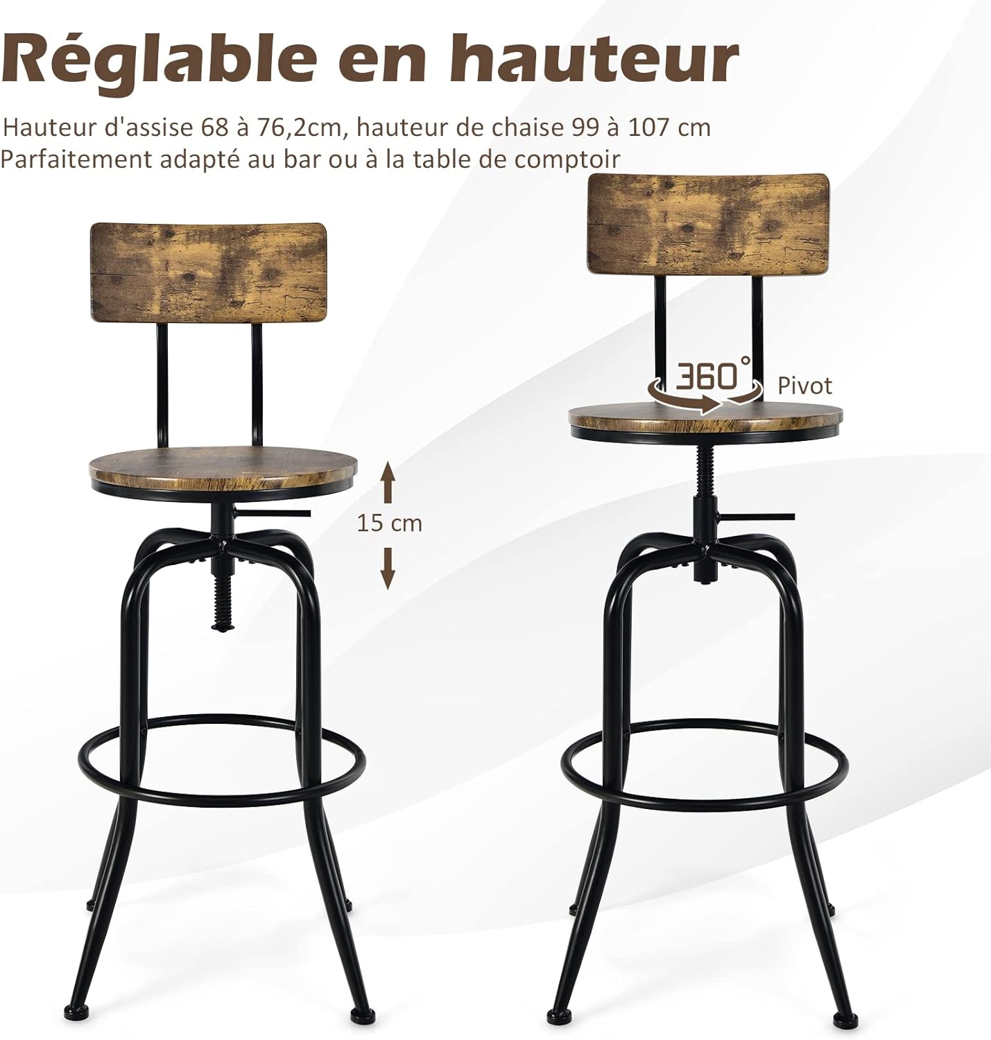 Lot de 2 Tabourets de Bar, Hauteur Réglable de 69 à 76 CM, Chaise Haute Bar avec Dossier Détachable et Repose-Pieds, Cadre en Métal - 4