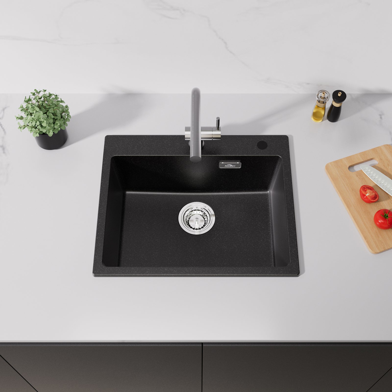Cecipa max Évier Cuisine en Granit 55*45*20cm, Evier 1 Bac Noir Kit de Vidage, Evier a Encastrer Évier Cuisine Encastré - 2