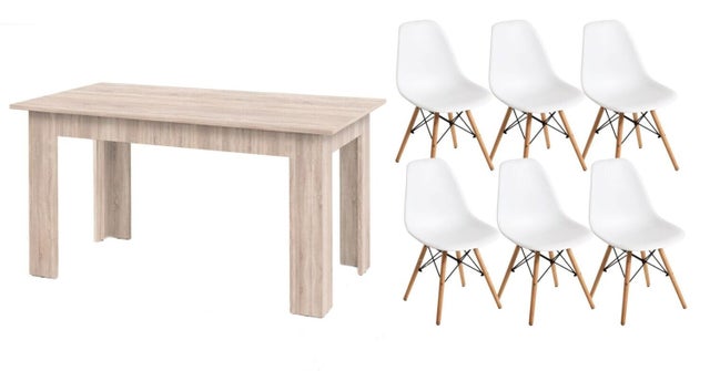 Conjunto Mesa de Jantar ou Cozinha Carvalho + 6 Cadeiras Estilo Nórdico Branco