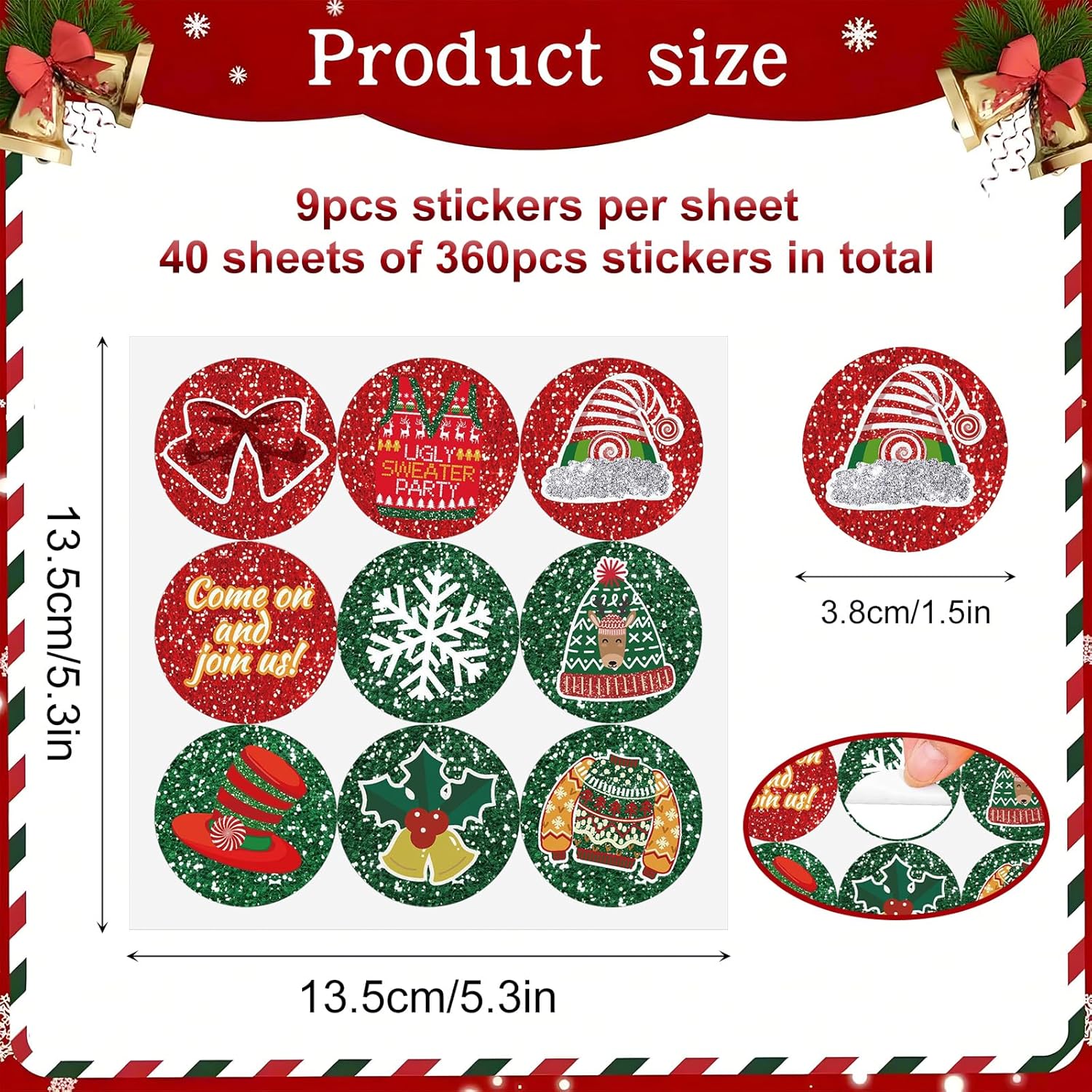 360 Pcs Etiquettes Autocollante Noël, 9 Motifs Etiquette Stickers Noel Rondes 3,8 cm Joyeux Autocollants de Noël Autocollants Décoratifs pour Envelopp - 2