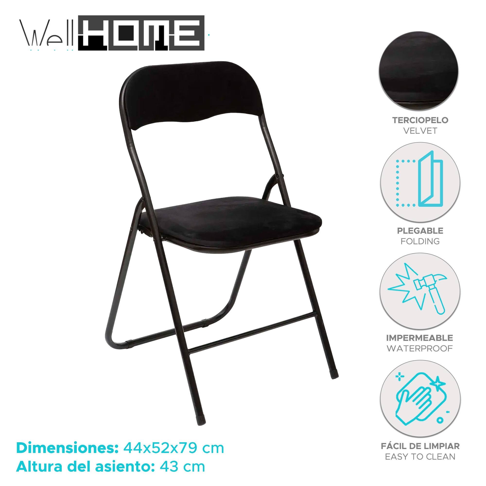 Well Home Set de 4 sillas 39x39x43cm Plegables de Terciopelo negro - 2